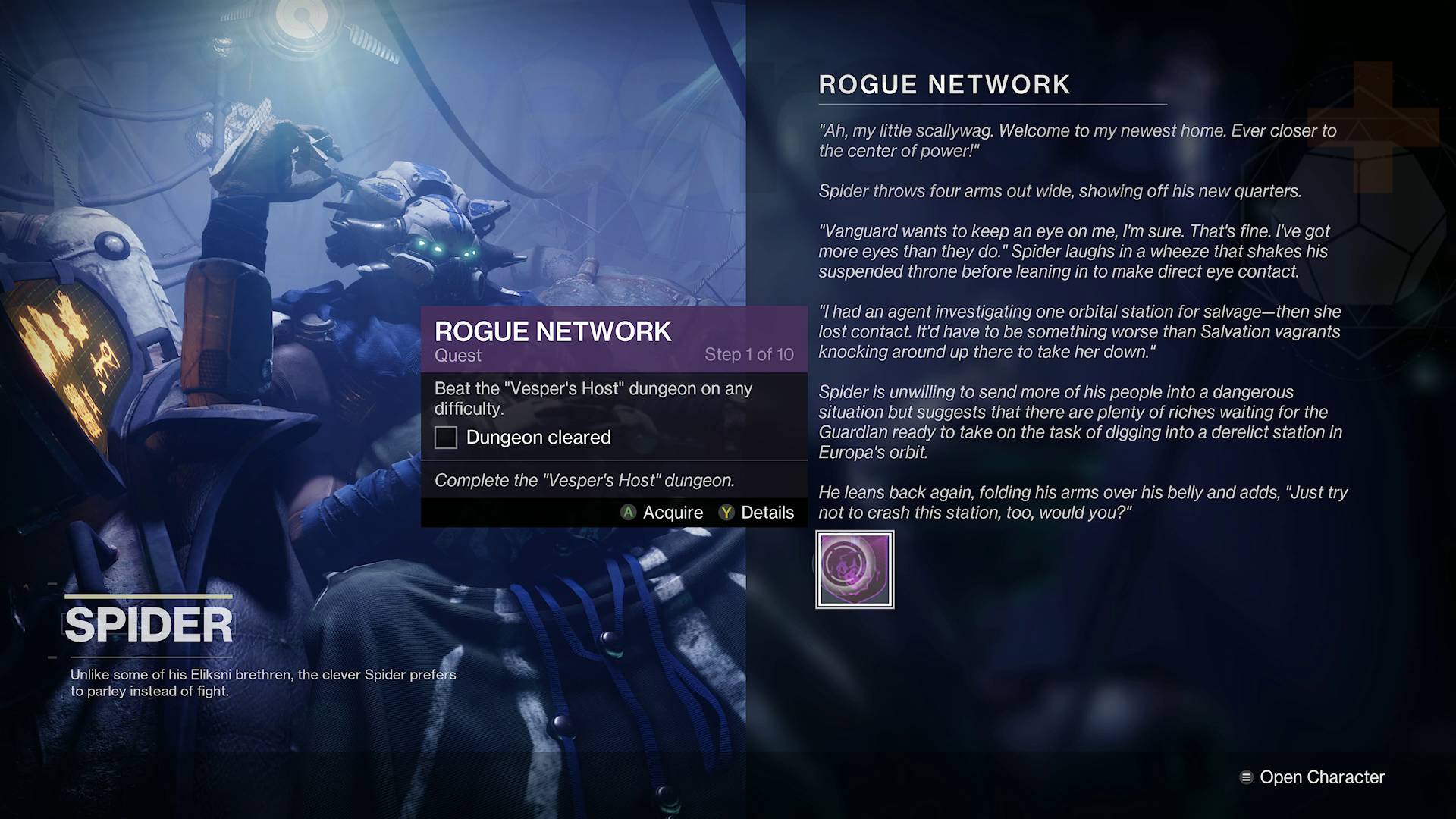 Destiny 2 Vesper's Host rogue network quest from Spider in the Last City