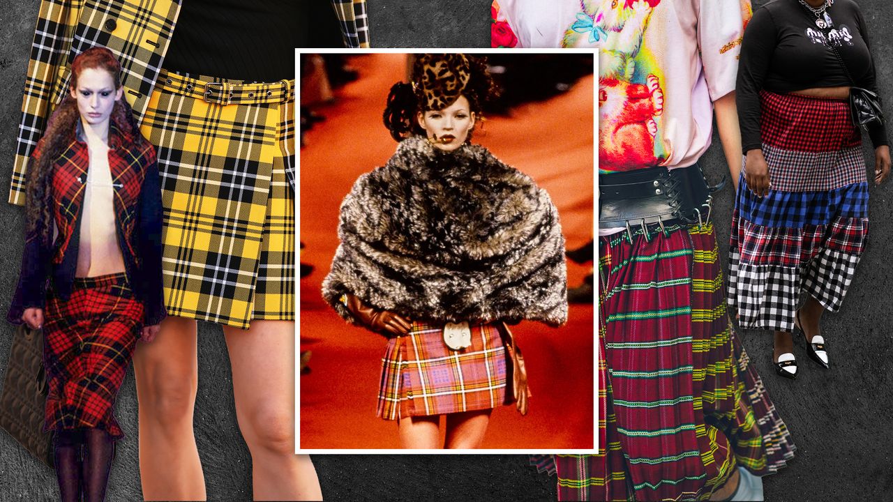 Graphic of fashion history&#039;s best plaid skirts from Alexander McQueen, Vivienne Westwood, and Chopova Lowena