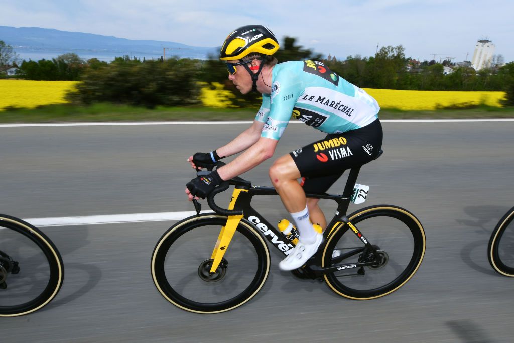 VALBROYE SWITZERLAND APRIL 29 Rohan Dennis of Australia and Team Jumbo Visma Turquoise Leader Jersey competes during the 75th Tour De Romandie 2022 Stage 3 a 1651km stage from Valbroye to Valbroye TDR2022 on April 29 2022 in Valbroyeon Switzerland Photo by Dario BelingheriGetty Images