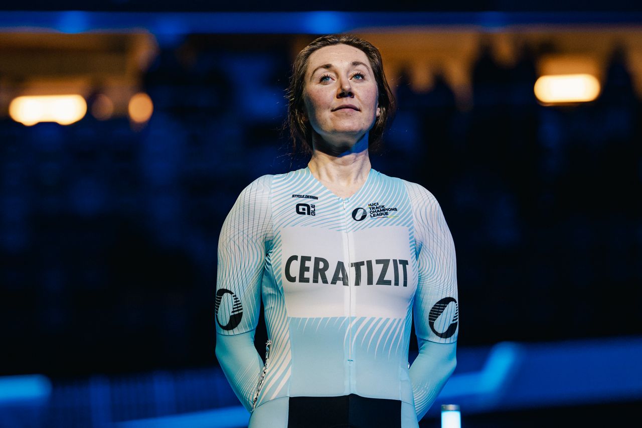 Katie Archibald in blue kit at the UCI Track Champions League