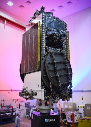The powerful EchoStar 19 high-speed internet satellite is seen while being prepared for launch.