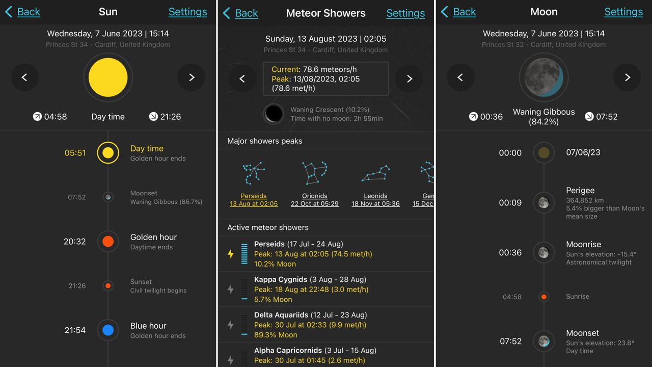 Screens from the app showing timelines of the movement of the sun, meteor showers and moon