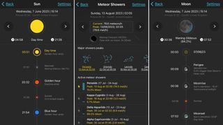 Screens from the app showing timelines of the movement of the sun, meteor showers and moon
