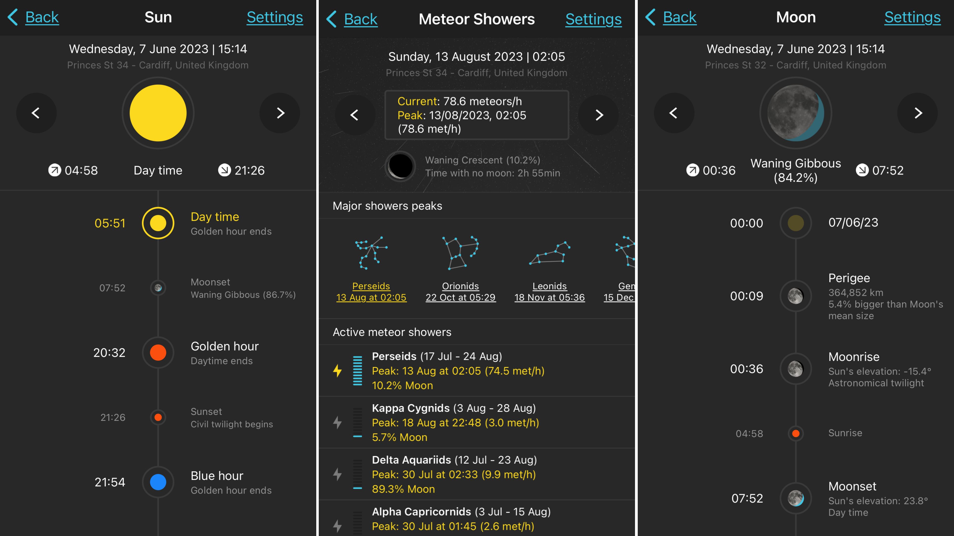 Screens from the app showing timelines of the movement of the sun, meteor showers and moon