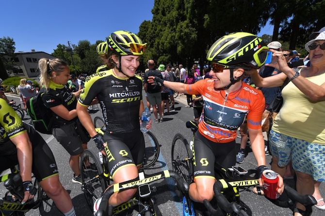 Race leader Amanda Spratt congratulates teammate Grace Brown after winning stage 3 of the 2019 Women's Tour Down Under