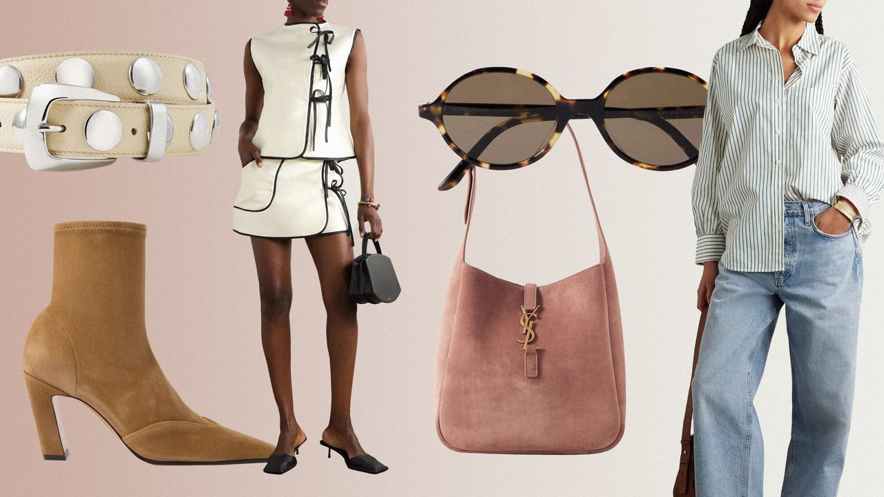 Collage of YSL bag, suede boots, sunglasses