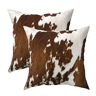 Shaptoy Western Cow Print Throw Pillows Cover Set of 2 Brown Faux Fur Cowhide Decorative Pillow Covers 18x18 Inch Farmhouse Animal Print Square Pillowcase for Outdoor Couch Sofa Bed Room Decor