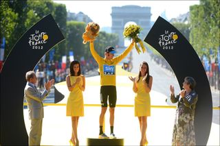 Bradley Wiggins on the podium after winning the 2012 Tour de France (Watson)