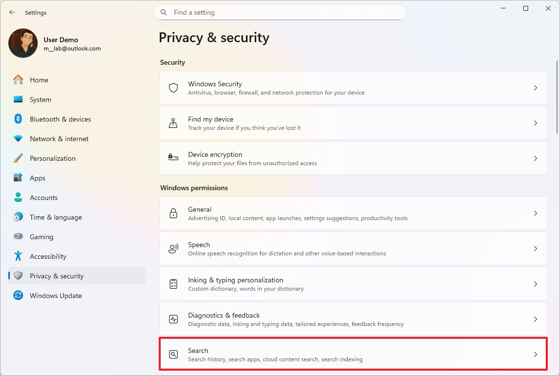 Windows 11 open Search settings