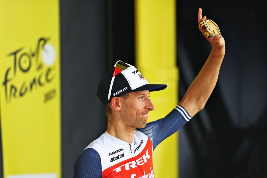 QUILLAN FRANCE JULY 10 Bauke Mollema of The Netherlands and Team Trek Segafredo celebrates at podium during the 108th Tour de France 2021 Stage 14 a 1837km stage from Carcassonne to Quillan LeTour TDF2021 on July 10 2021 in Quillan France Photo by Michael SteeleGetty Images