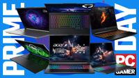A biblically accurate image of six gaming laptops on a blue and red Prime Day background