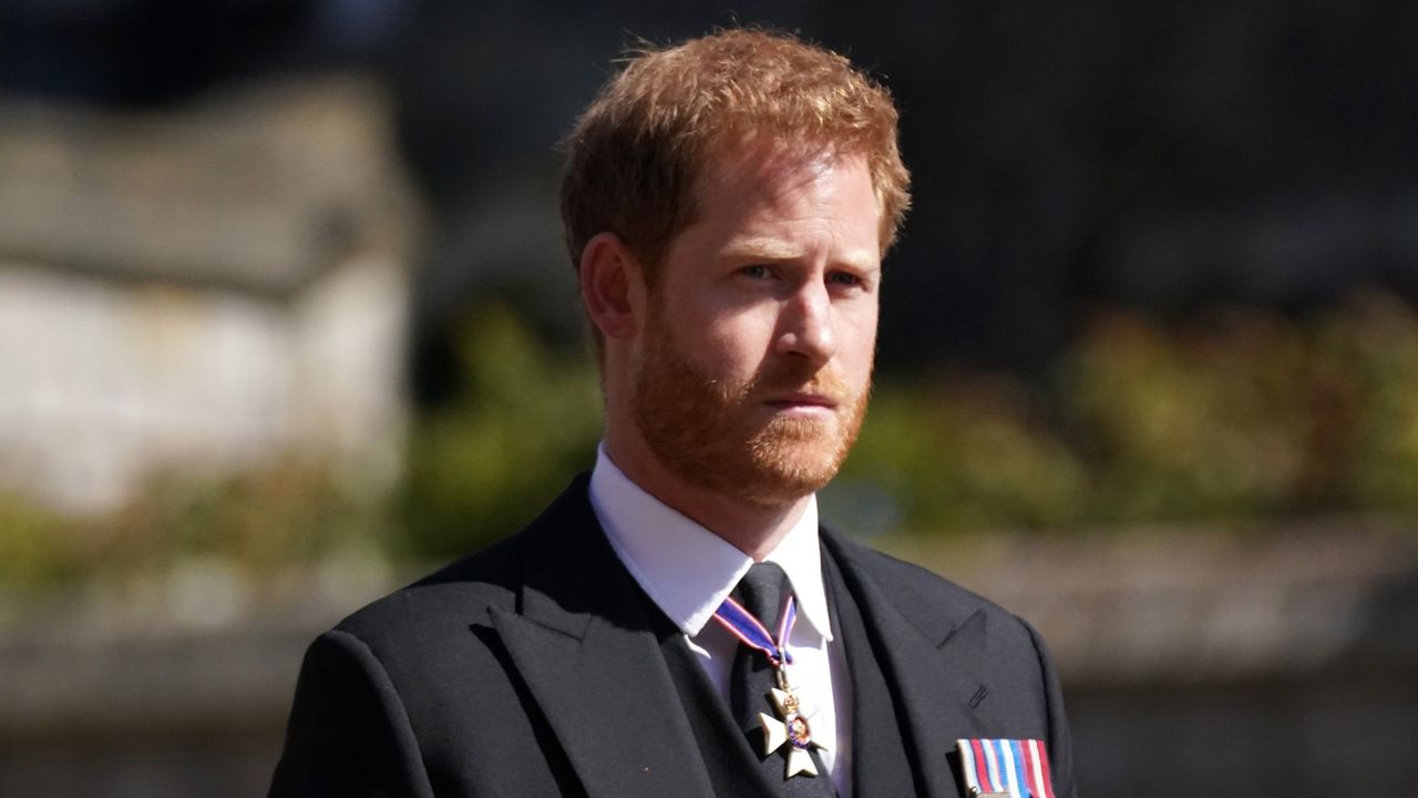 Prince Harry arrives for the funeral of Prince Philip, Duke of Edinburgh at St George&#039;s Chapel at Windsor Castle on April 17, 2021 in Windsor, England.