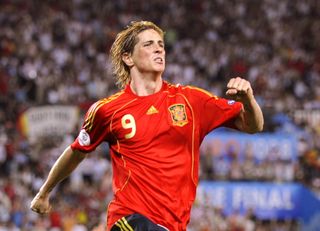 Fernando Torres celebrates after scoring for Spain against Germany in the final of Euro 2008.