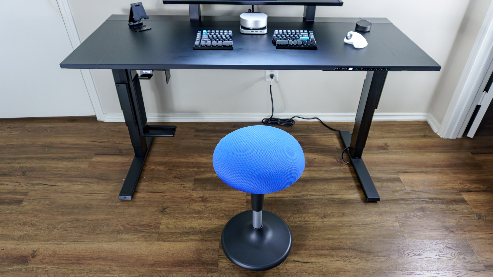A wobble stool in front of a desk