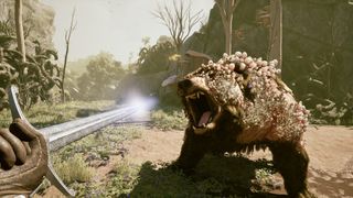 A screenshot from the Avowed trailer at the Xbox Games Showcase 2023 showing a plague-infected bear attacking a sword-wielding character