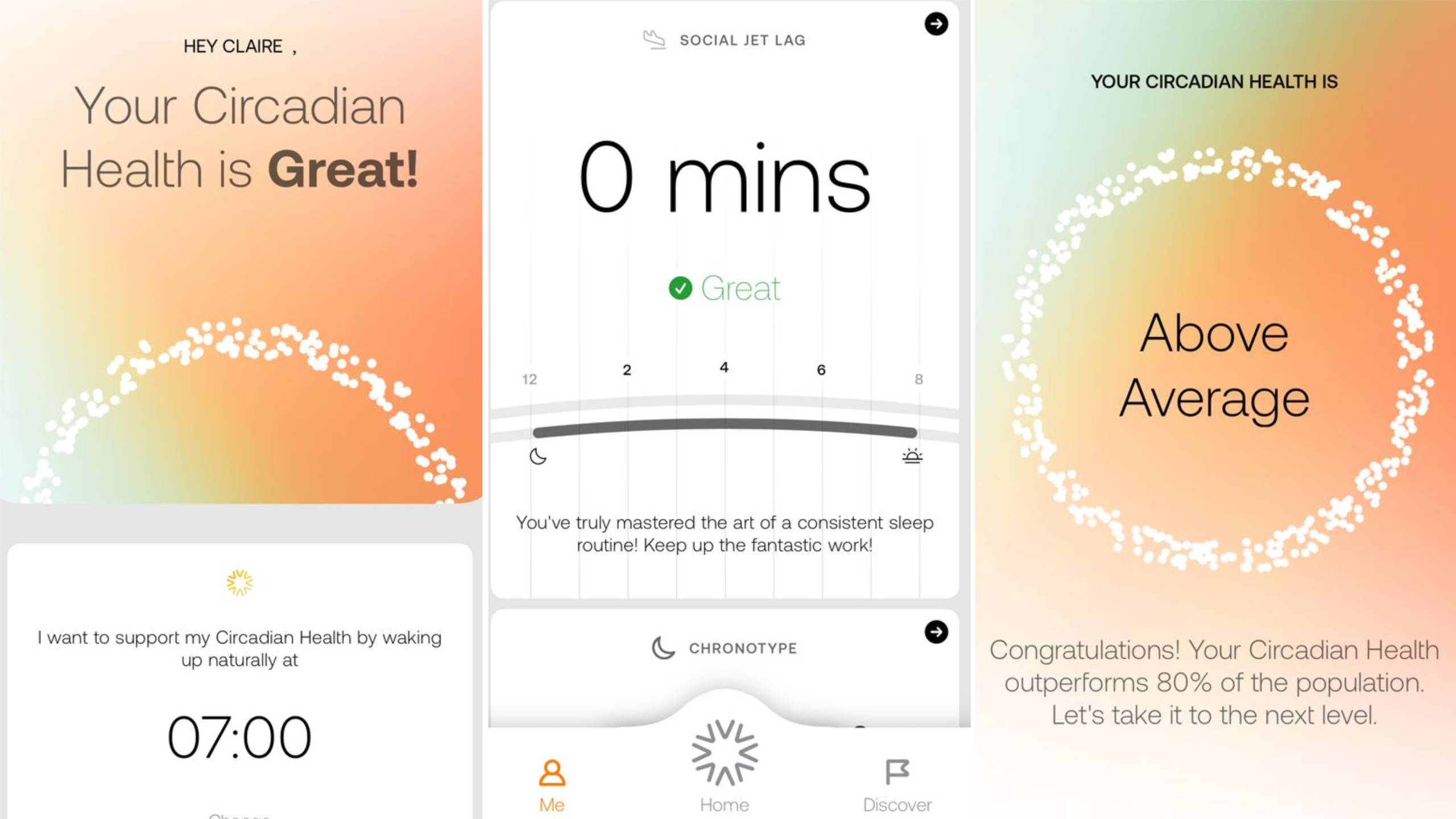 Screengrabs from the AYO+ Light Therapy Glasses app rating my circadian health as above average and outperforming 80% of the population