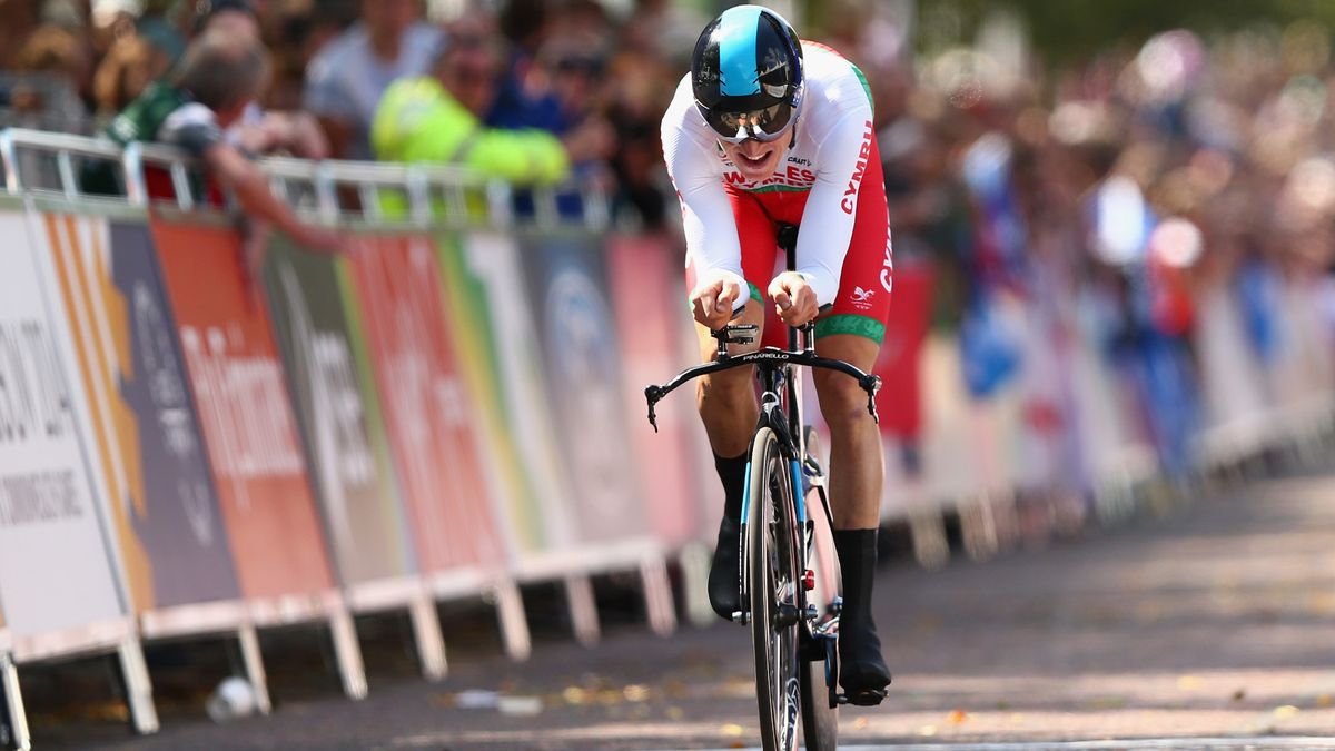 Geraint Thomas of Wales crosses the finish line during the Men&#039;s Cycling Road Time Trial at during day eight of the Commonwealth Games