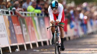 Geraint Thomas of Wales crosses the finish line during the Men's Cycling Road Time Trial at during day eight of the Commonwealth Games