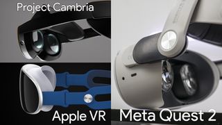 Apple VR headset and Meta Project Cambria renders next to a picture of a Meta Quest 2