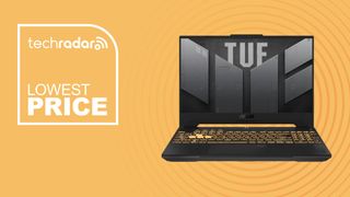 Asus TUF gaming laptop on yellow background with lowest price text overlay
