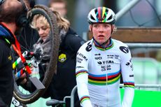 Dutch rider Fem Van Empel reacts at the end of the women's elite race during the World Cup cyclocross cycling event, stage 4 (out of 12) of the UCI World Cup cyclocross competition, in Namur, on December 15, 2024. (Photo by DAVID PINTENS / Belga / AFP) / Belgium OUT