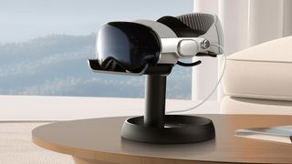Vision Pro placed on a stand on a table