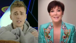 Justin Bieber in the "I Don't Care" music video and Kris Jenner on The Kardashians.