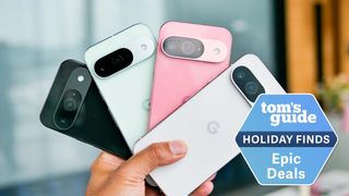 Pixel 9 phones held in the hand with epic deals badge.