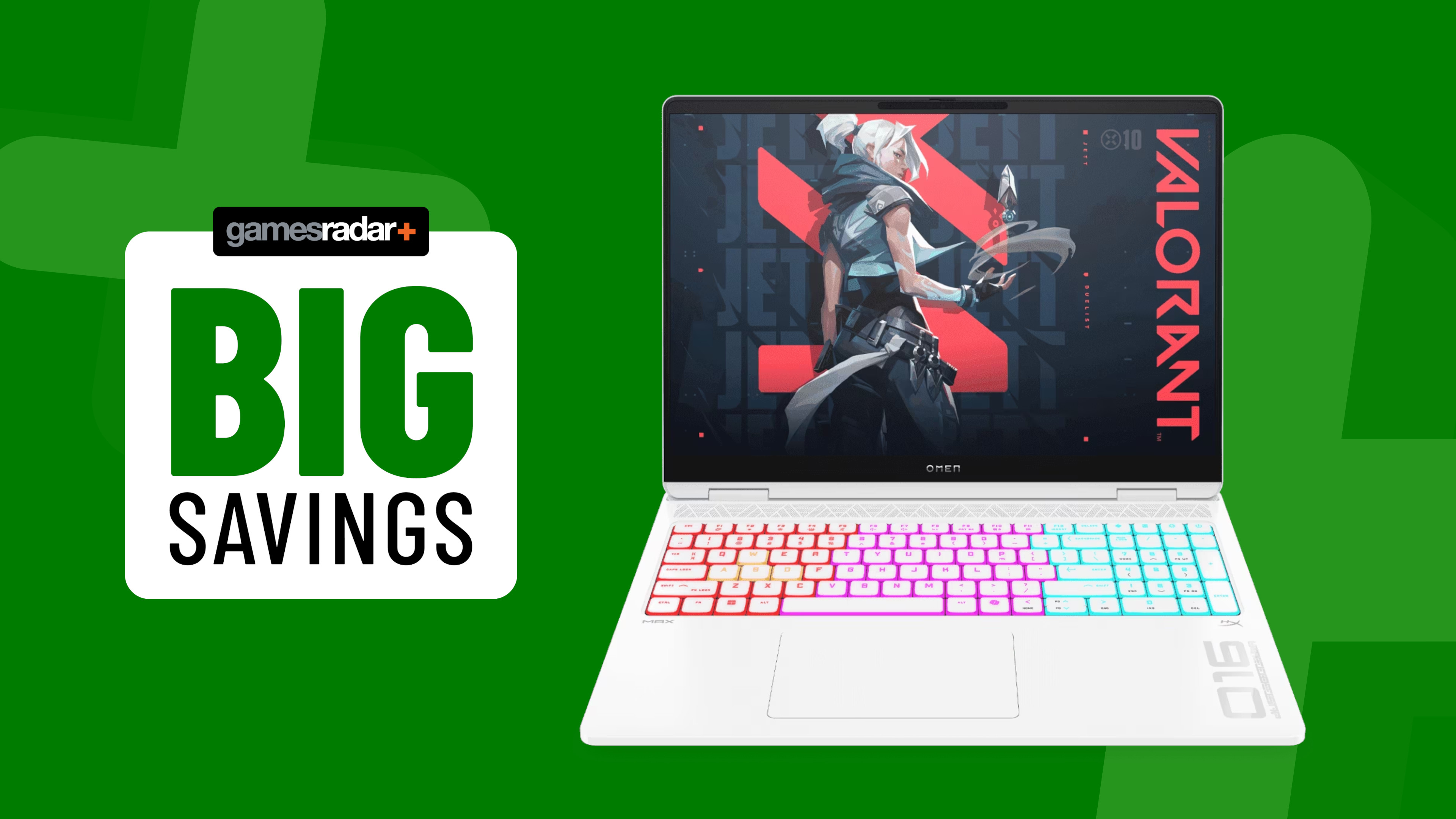 HP Omen Max 16 gaming laptop on a green background with big savings badge