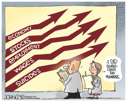 Political cartoon U.S. suicide economy stocks employment wages Anthony Bourdain Kate Spade