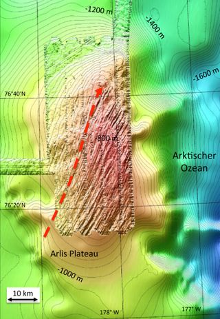 A bathymetric map of the Arctic's Arlis Plateau, with sets of different streamlined glacial lineations. The arrow marks the flow direction of ancient ice sheets.