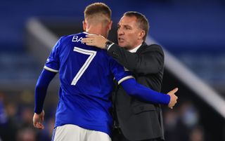 Leicester City winger Harvey Barnes and Leicester City manager Brendan Rodgers embracing | Legia Warsaw v Leicester live stream