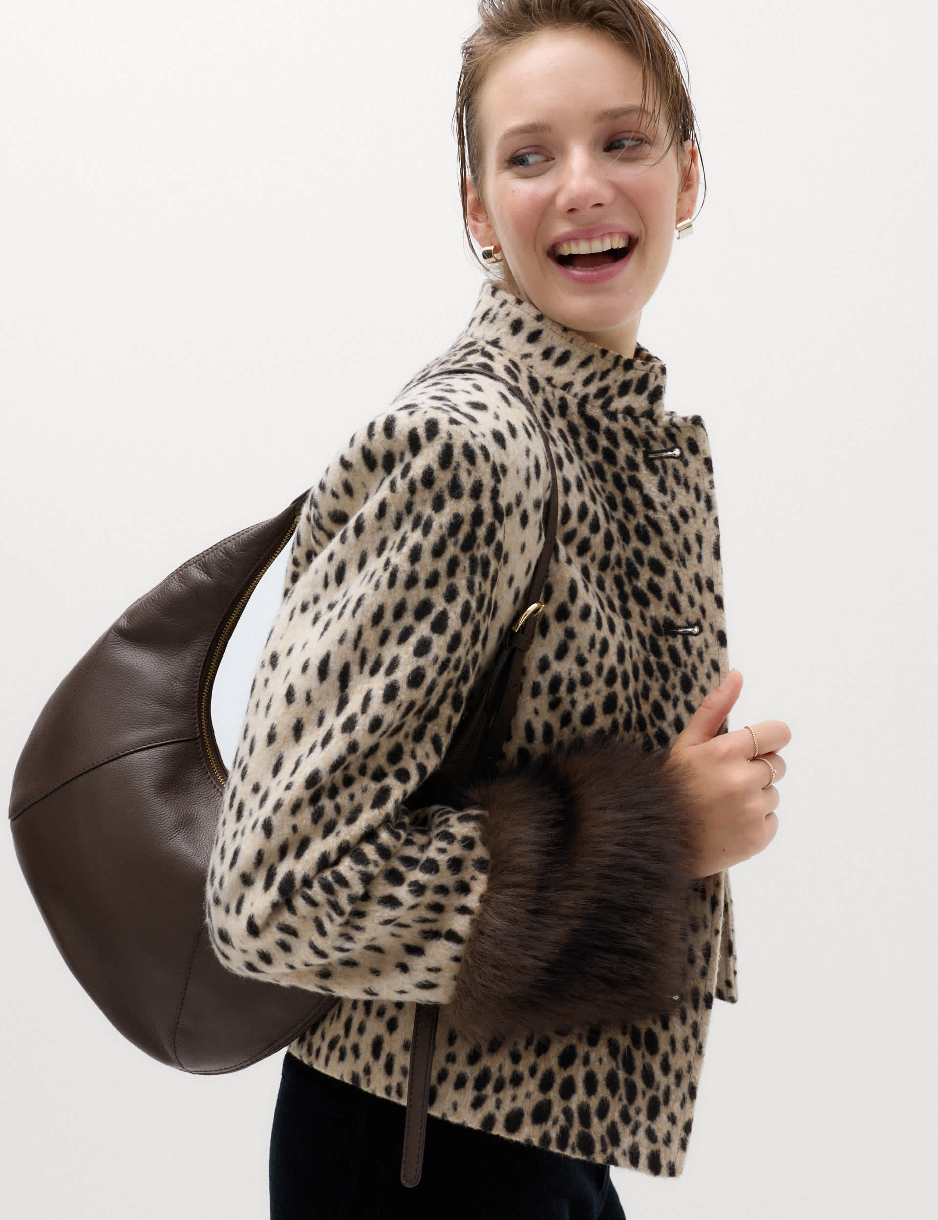 Animal Print Faux Fur Trim Funnel Neck Coat