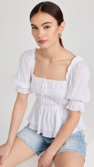 White square neck top with puff sleeves