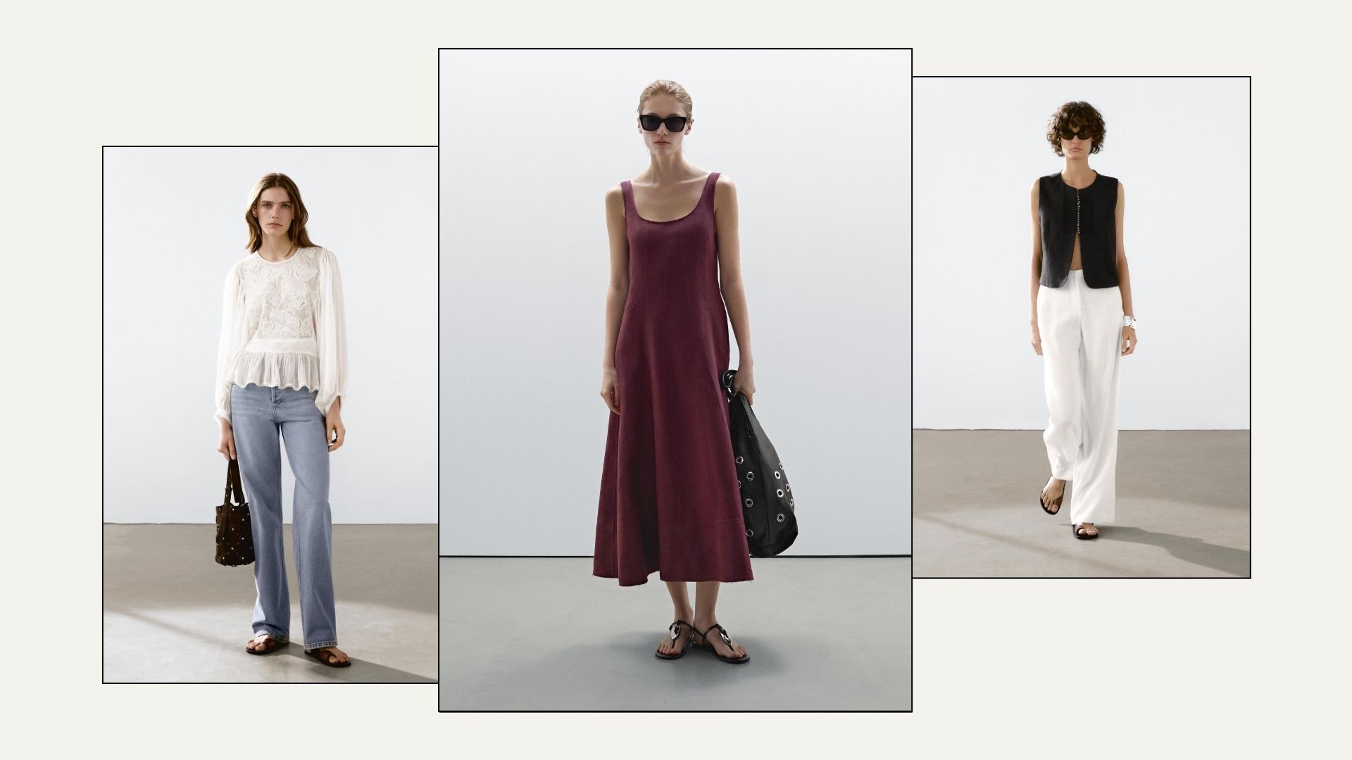 Model wears white blouse and jeans; model wear burgundy dress, black sandals and black bag; model wears black waistcoat and white trousers