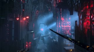 Ghostrunner 2 level design; a long dark corridor
