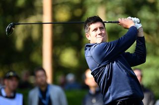 Vernon Kay hits a driver off the tee