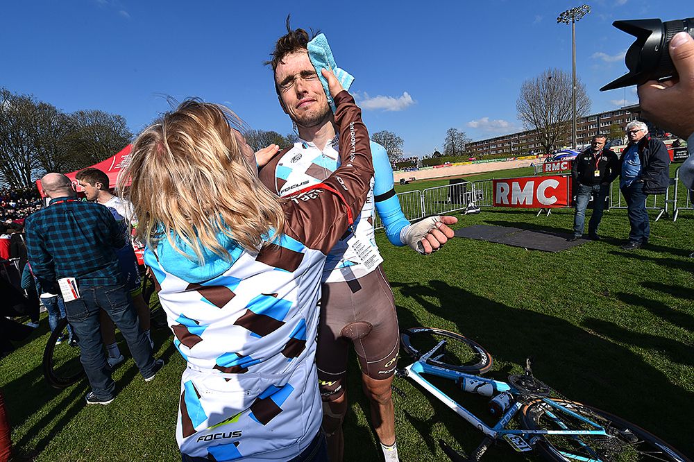 Maxime Daniel is wiped down after the race