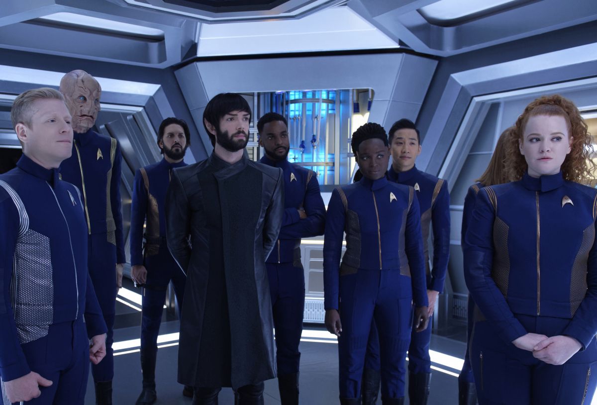 Stamets (Anthony Rapp), Saru (Doug Jones), Tyler (Shazad Latif), Spock (Ethan Peck), Bryce (Ronnie Rowe), Owosekun (Oyin Oladejo), Rhys (Patrick Kwok-Choon) and Tilly (Mary Wiseman) stand ready for their next journey in the &quot;Star Trek: Discovery&quot; episode &quot;Such Sweet Sorrow.