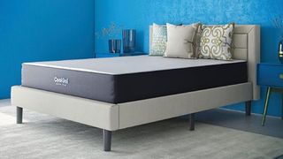 Cool Gel 10" Ventilated Memory Foam Mattress on beige low platform bed frame with a bedroom with blue wallpaper