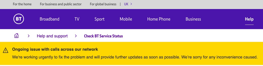 A BT call outage warning on the company's service status page