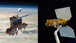 NASA's Earth Radiation Budget Satellite in an artist view and on the end of the space shuttle Challenger's robotic arm.
