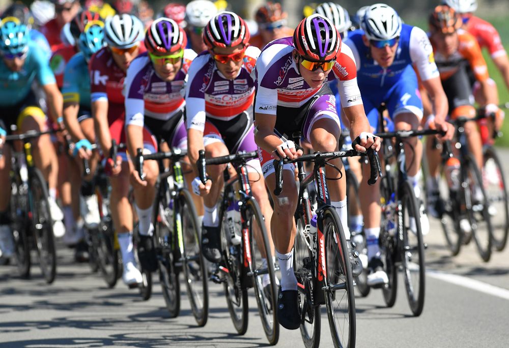 Cyclo-cross star Mathieu van der Poel powers the front of the peloton near the end of stage 1 at the Belgian Tour