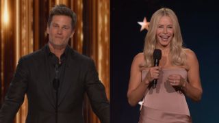 Tom Brady telling jokes at his roast, next to Chelsea Handler during her opening monologue at the 2026 Critics Choice Awards.