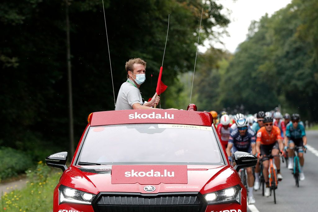 LUXEMBOURG LUXEMBOURG SEPTEMBER 14 Andy Schleck of Luxembourg race director gives the official stage start during the 81st SkodaTour De Luxembourg 2021 Stage 1 a 140km stage from Luxembourg to LuxembourgKirchberg 352m skodatour skodatour on September 14 2021 in Luxembourg Luxembourg Photo by Bas CzerwinskiGetty Images