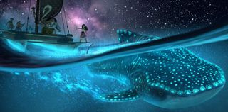 Animated image of Moana, Maui and Pua, featuring a fluorescent whale shark as a key art image for Moana 2