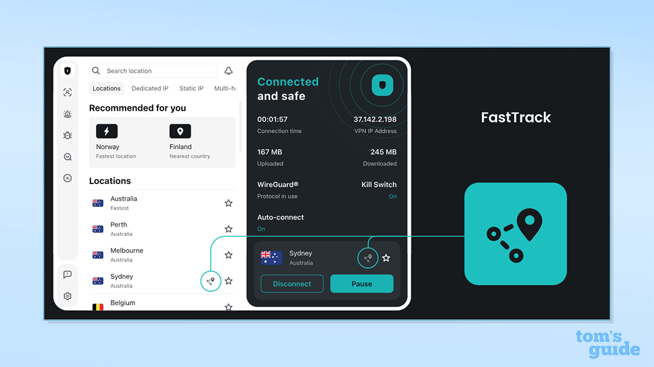 Surfshark's FastTrack feature and icon displayed on its homepage, showing a Sydney VPN connection