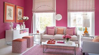 bright pink living room walls and cream sofa