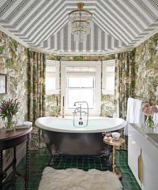 green wallpapered bathroom