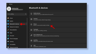 A screenshot of the Windows Settings, with red arrows pointing at Bluetooth & devices and Mouse. 